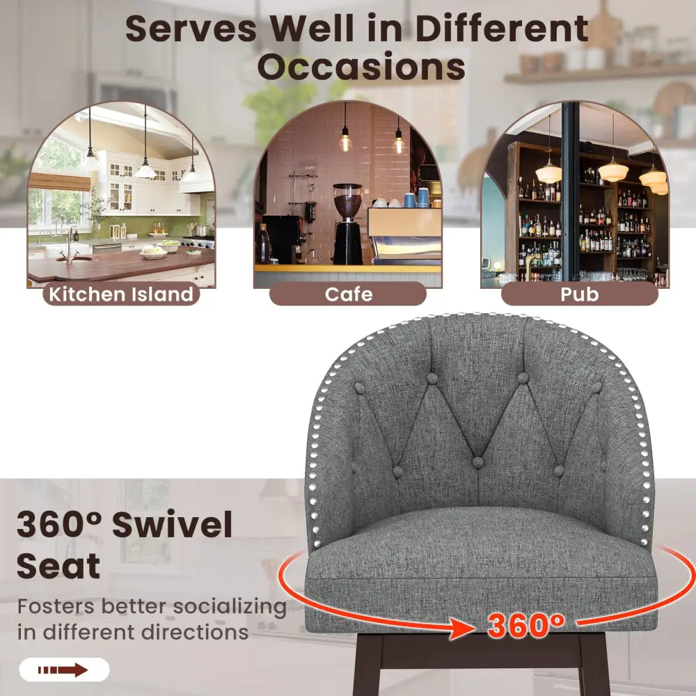 Set of 2 Swivel Bar Stools with Rubber Wood Legs and Padded Back-Gray - Gray - Bar Stools