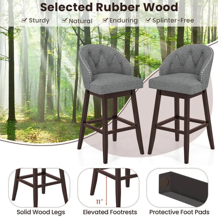 Set of 2 Swivel Bar Stools with Rubber Wood Legs and Padded Back-Gray - Gray - Bar Stools