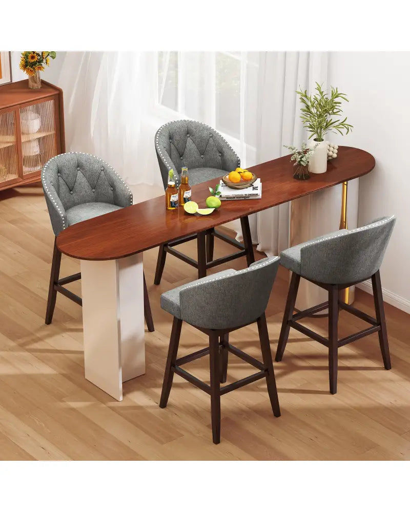 Set of 2 Swivel Bar Stools with Rubber Wood Legs and Padded Back-Gray - Gray - Bar Stools