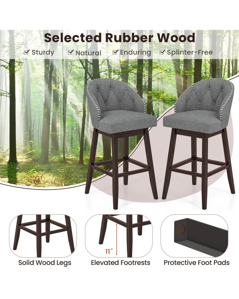 Set of 2 Swivel Bar Stools with Rubber Wood Legs and Padded Back-Gray - Gray - Bar Stools