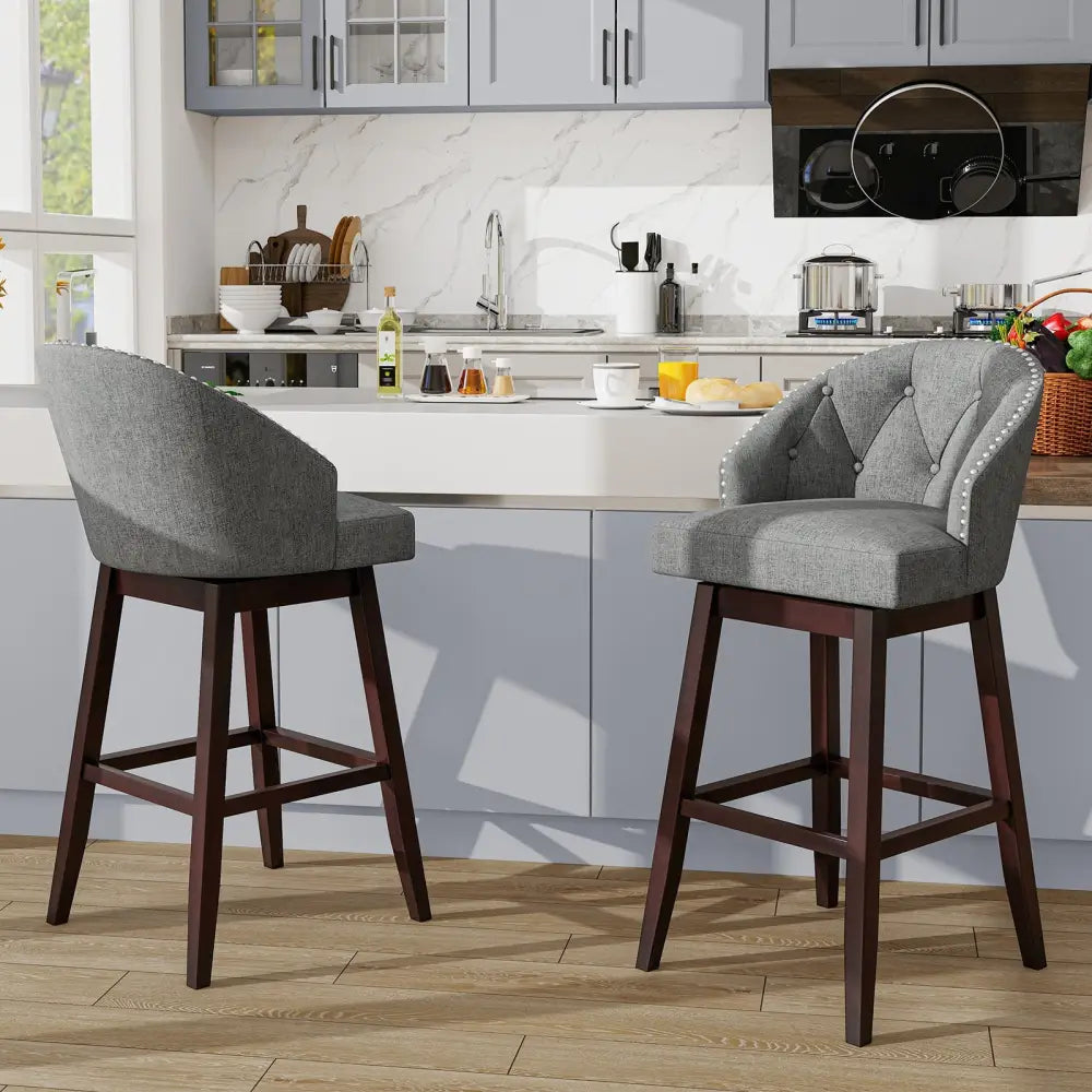Set of 2 Swivel Bar Stools with Rubber Wood Legs and Padded Back-Gray - Gray - Bar Stools