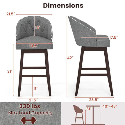 Set of 2 Swivel Bar Stools with Rubber Wood Legs and Padded Back-Gray - Gray - Bar Stools