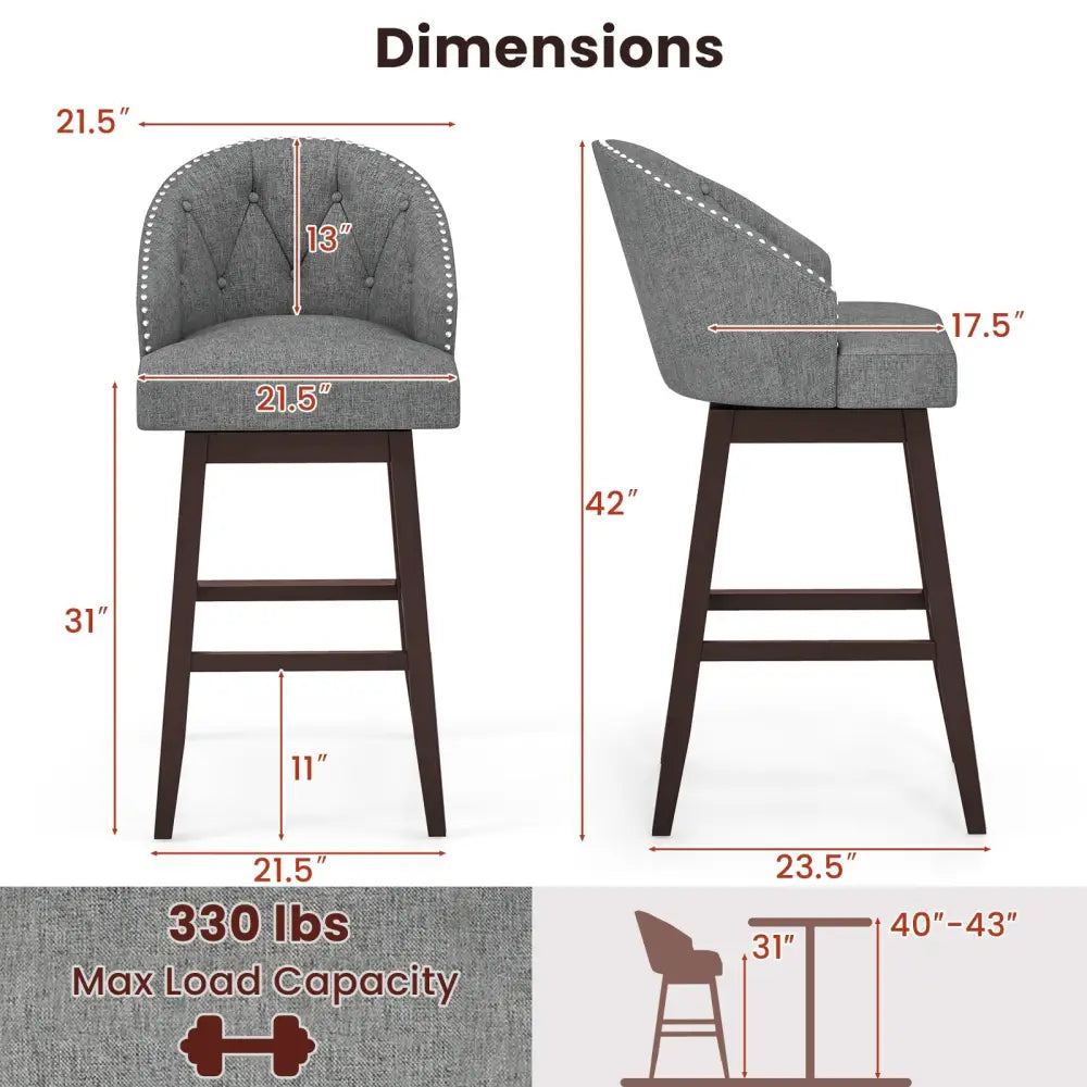 Set of 2 Swivel Bar Stools with Rubber Wood Legs and Padded Back-Gray - Gray - Bar Stools
