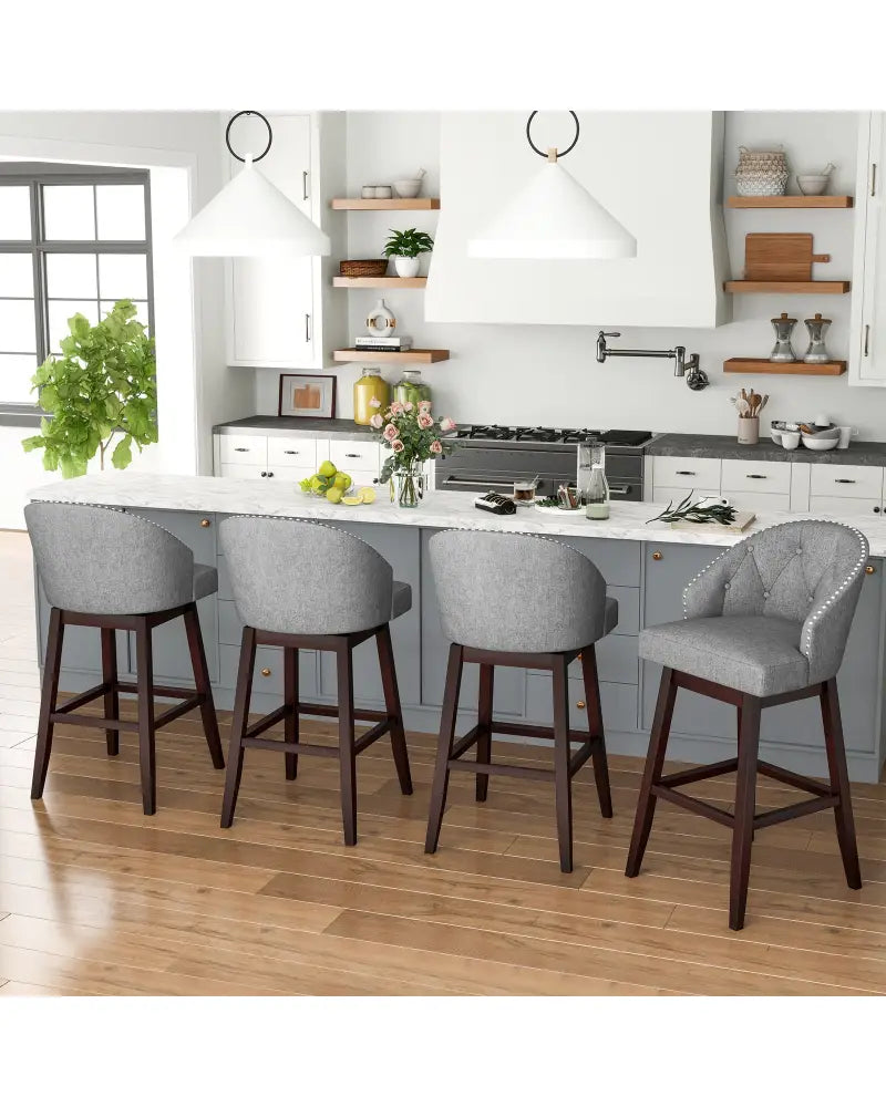 Set of 2 Swivel Bar Stools with Rubber Wood Legs and Padded Back-Gray - Gray - Bar Stools