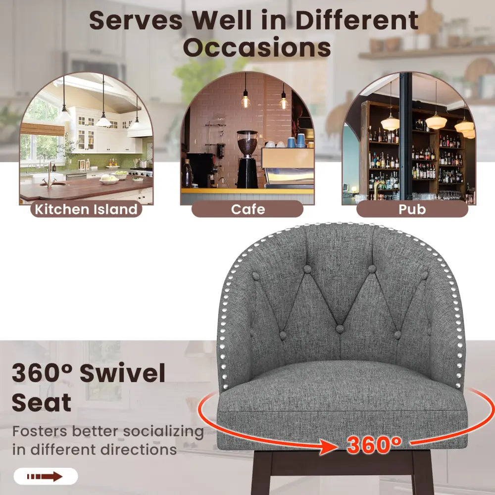 Set of 2 Swivel Bar Stools with Rubber Wood Legs and Padded Back-Gray - Gray - Bar Stools