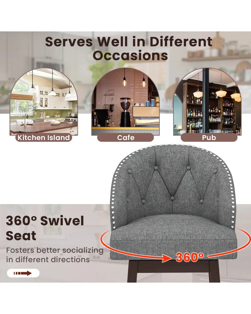 Set of 2 Swivel Bar Stools with Rubber Wood Legs and Padded Back-Gray - Gray - Bar Stools