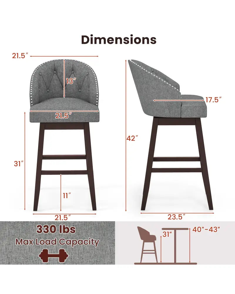 Set of 2 Swivel Bar Stools with Rubber Wood Legs and Padded Back-Gray - Gray - Bar Stools