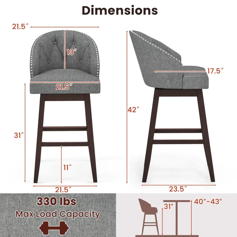 Set of 2 Swivel Bar Stools with Rubber Wood Legs and Padded Back-Gray - Gray - Bar Stools