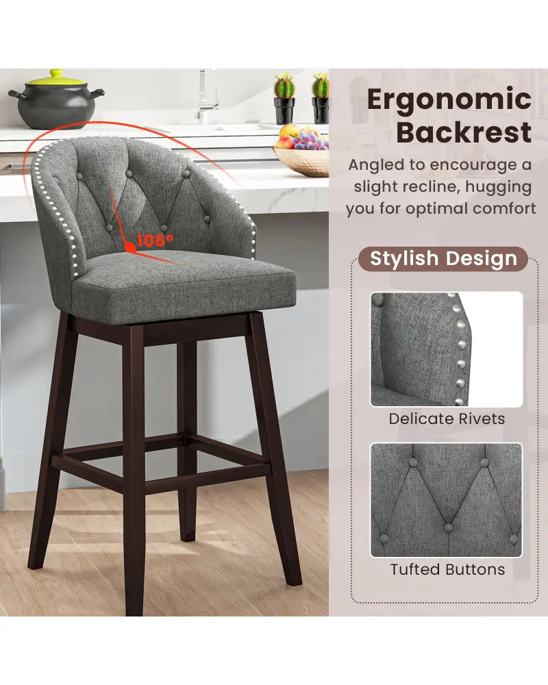 Set of 2 Swivel Bar Stools with Rubber Wood Legs and Padded Back-Gray - Gray - Bar Stools