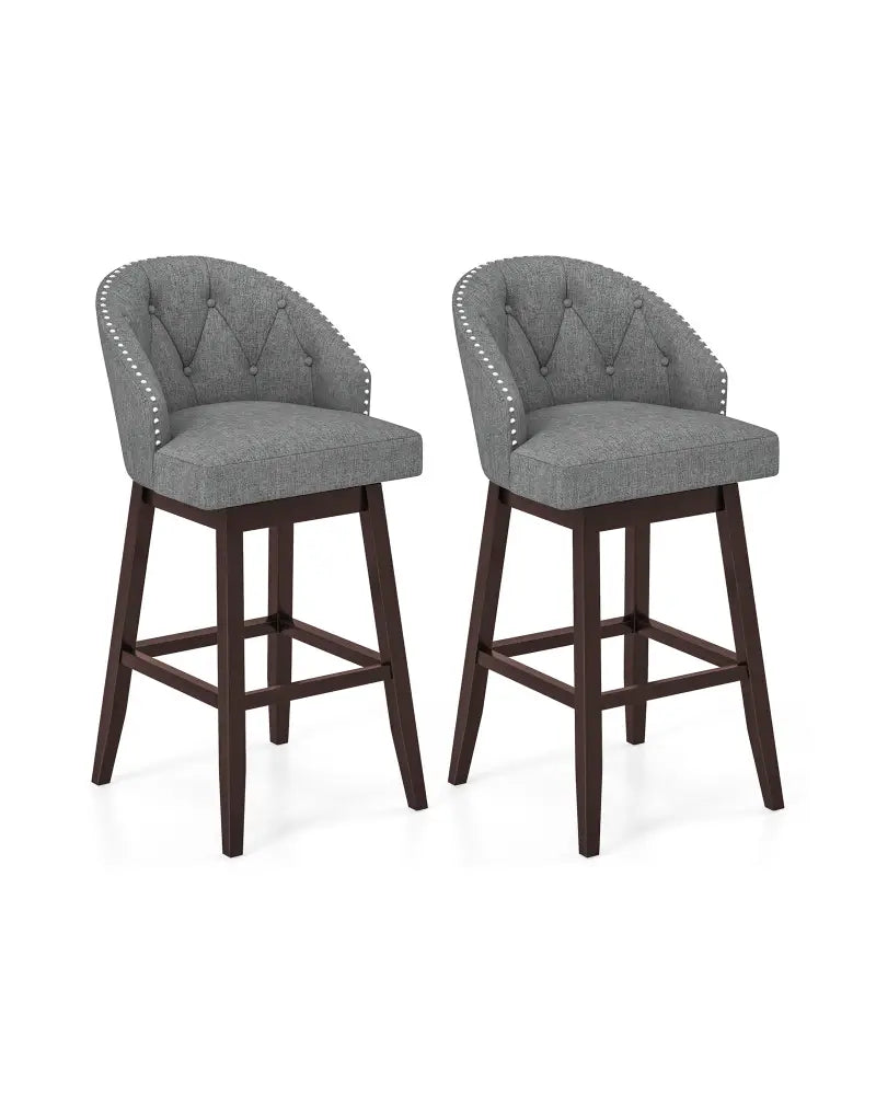Set of 2 Swivel Bar Stools with Rubber Wood Legs and Padded Back-Gray - Gray - Bar Stools
