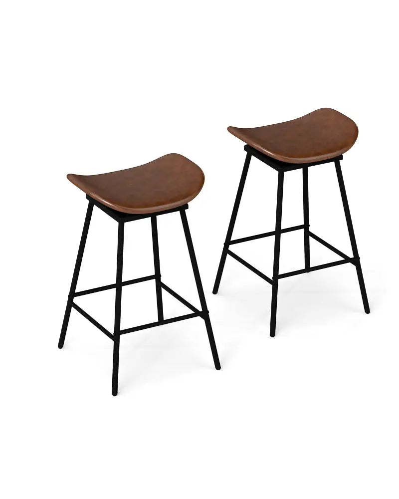 Set of 2 Swivel Barstools Faux Leather Upholstered Backless with Footrest-Brown - Brown - Bar Stools