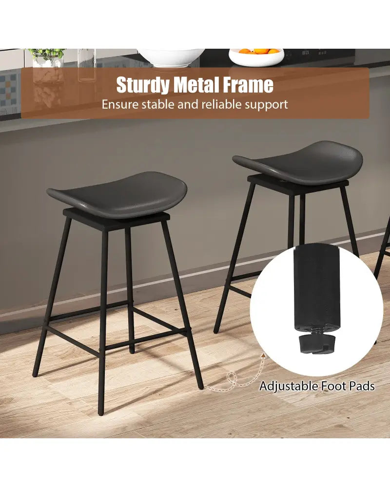 Set of 2 Swivel Barstools Faux Leather Upholstered Backless with Footrest-Black - Black - Bar Stools