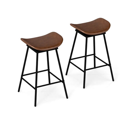 Set of 2 Swivel Barstools Faux Leather Upholstered Backless with Footrest-Brown - Brown - Bar Stools