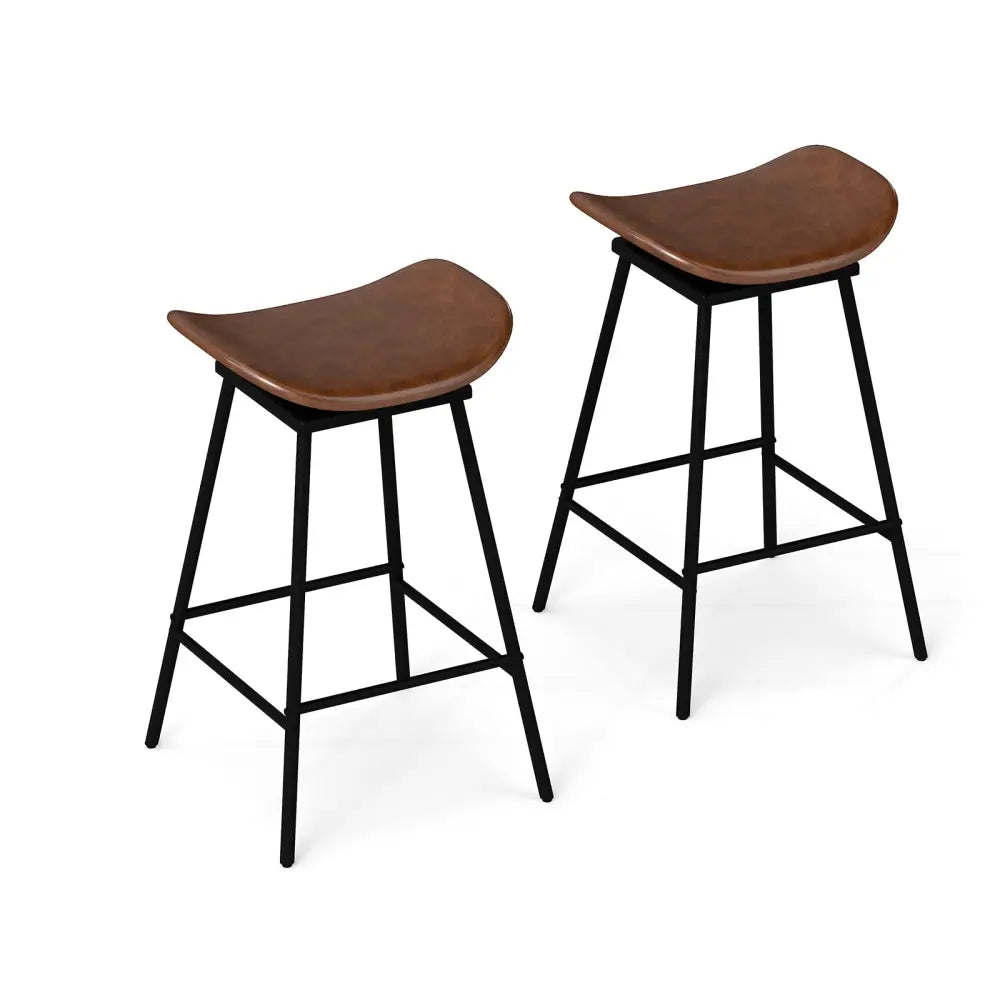 Set of 2 Swivel Barstools Faux Leather Upholstered Backless with Footrest-Brown - Brown - Bar Stools