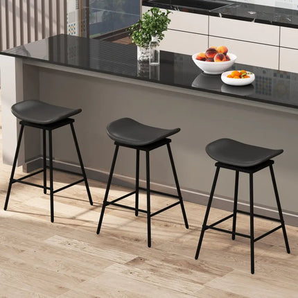 Set of 2 Swivel Barstools Faux Leather Upholstered Backless with Footrest-Black - Black - Bar Stools