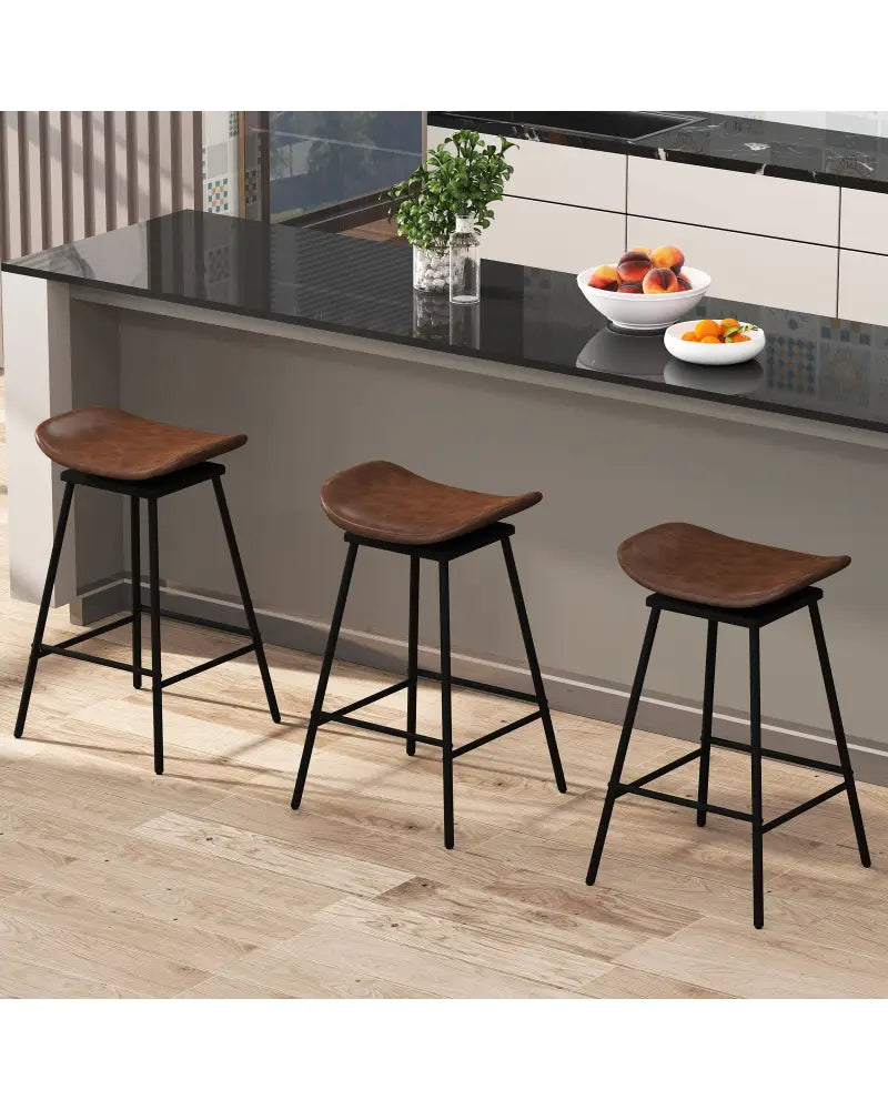 Set of 2 Swivel Barstools Faux Leather Upholstered Backless with Footrest-Brown - Brown - Bar Stools