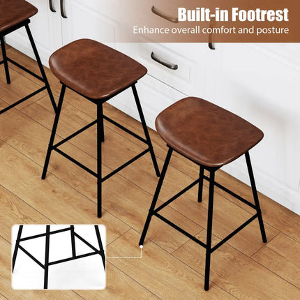 Set of 2 Swivel Barstools Faux Leather Upholstered Backless with Footrest-Brown - Brown - Bar Stools