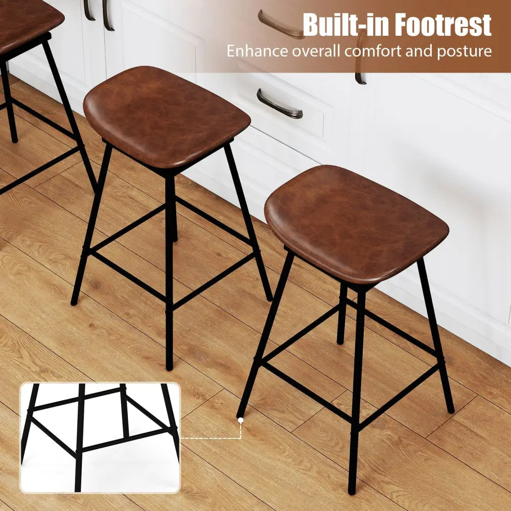 Set of 2 Swivel Barstools Faux Leather Upholstered Backless with Footrest-Brown - Brown - Bar Stools