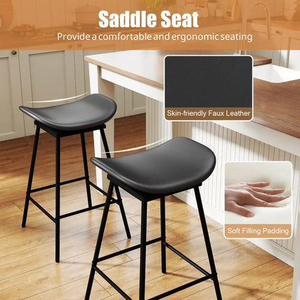 Set of 2 Swivel Barstools Faux Leather Upholstered Backless with Footrest-Black - Black - Bar Stools