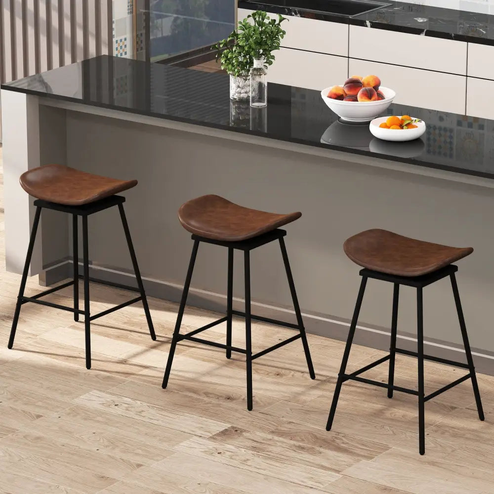 Set of 2 Swivel Barstools Faux Leather Upholstered Backless with Footrest-Brown - Brown - Bar Stools