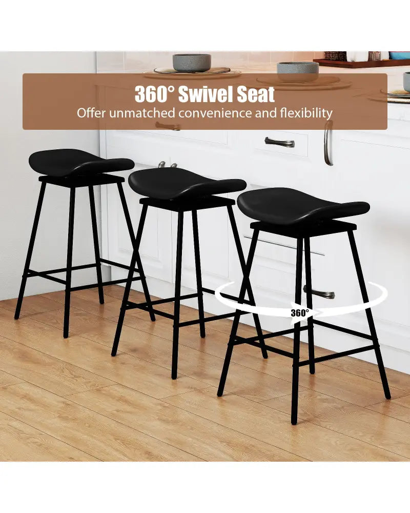 Set of 2 Swivel Barstools Faux Leather Upholstered Backless with Footrest-Black - Black - Bar Stools