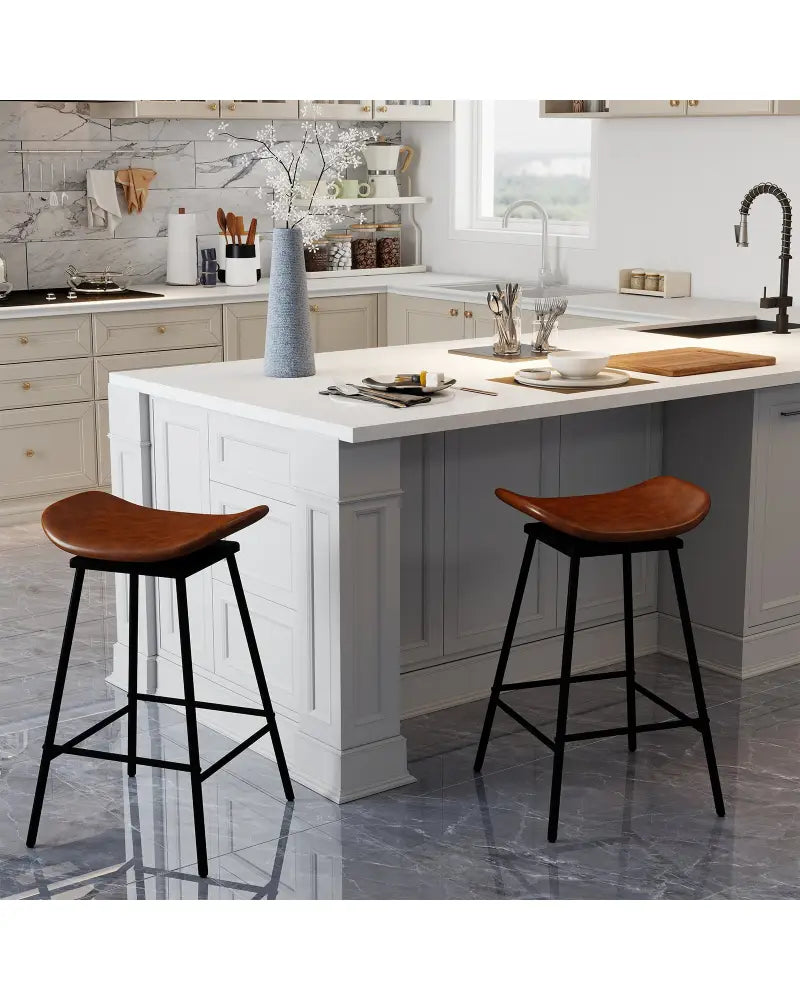 Set of 2 Swivel Barstools Faux Leather Upholstered Backless with Footrest-Brown - Brown - Bar Stools