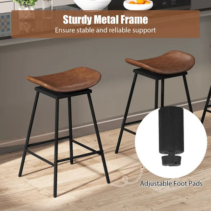 Set of 2 Swivel Barstools Faux Leather Upholstered Backless with Footrest-Brown - Brown - Bar Stools