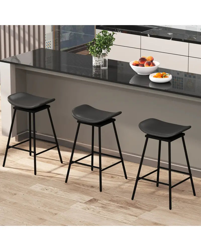 Set of 2 Swivel Barstools Faux Leather Upholstered Backless with Footrest-Black - Black - Bar Stools