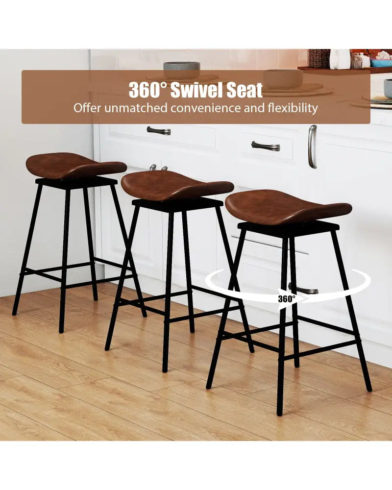 Set of 2 Swivel Barstools Faux Leather Upholstered Backless with Footrest-Brown - Brown - Bar Stools
