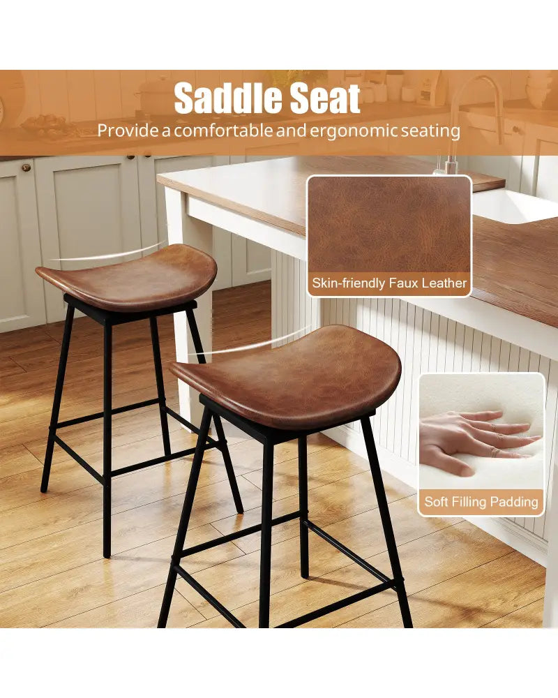 Set of 2 Swivel Barstools Faux Leather Upholstered Backless with Footrest-Brown - Brown - Bar Stools