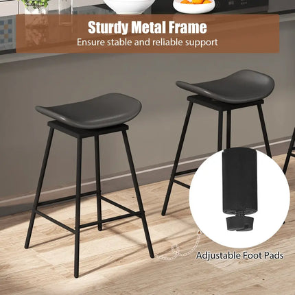 Set of 2 Swivel Barstools Faux Leather Upholstered Backless with Footrest-Black - Black - Bar Stools