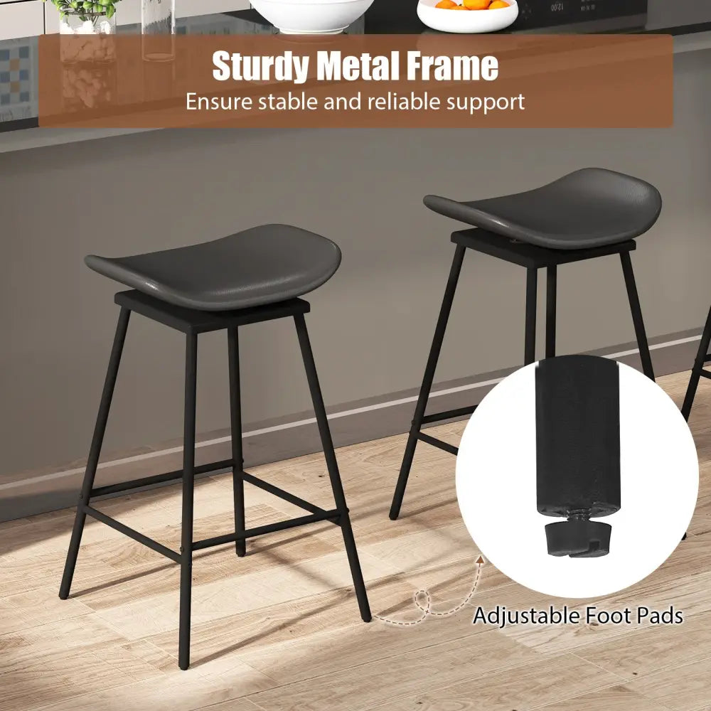 Set of 2 Swivel Barstools Faux Leather Upholstered Backless with Footrest-Black - Black - Bar Stools