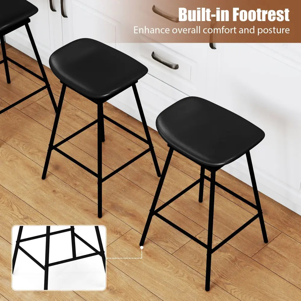 Set of 2 Swivel Barstools Faux Leather Upholstered Backless with Footrest-Black - Black - Bar Stools