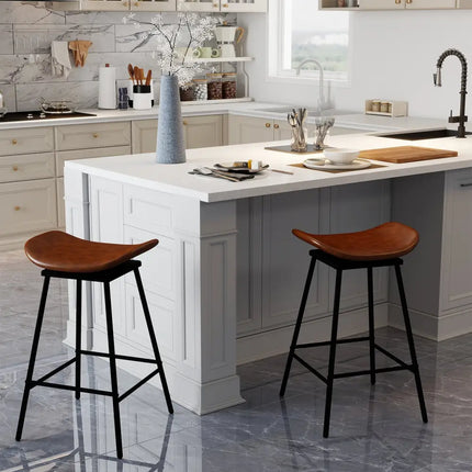 Set of 2 Swivel Barstools Faux Leather Upholstered Backless with Footrest-Brown - Brown - Bar Stools