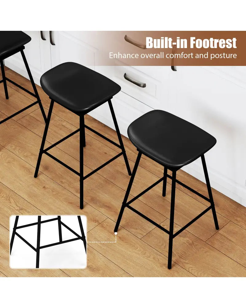 Set of 2 Swivel Barstools Faux Leather Upholstered Backless with Footrest-Black - Black - Bar Stools