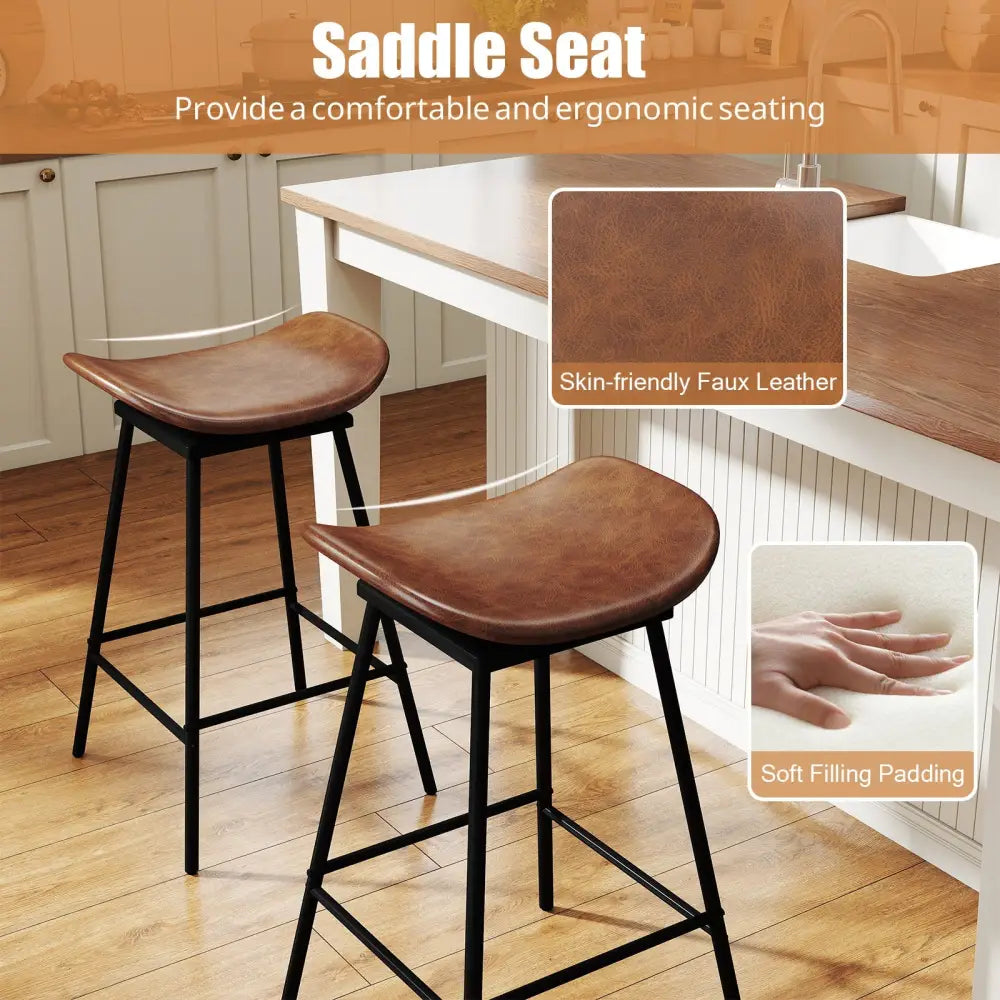Set of 2 Swivel Barstools Faux Leather Upholstered Backless with Footrest-Brown - Brown - Bar Stools