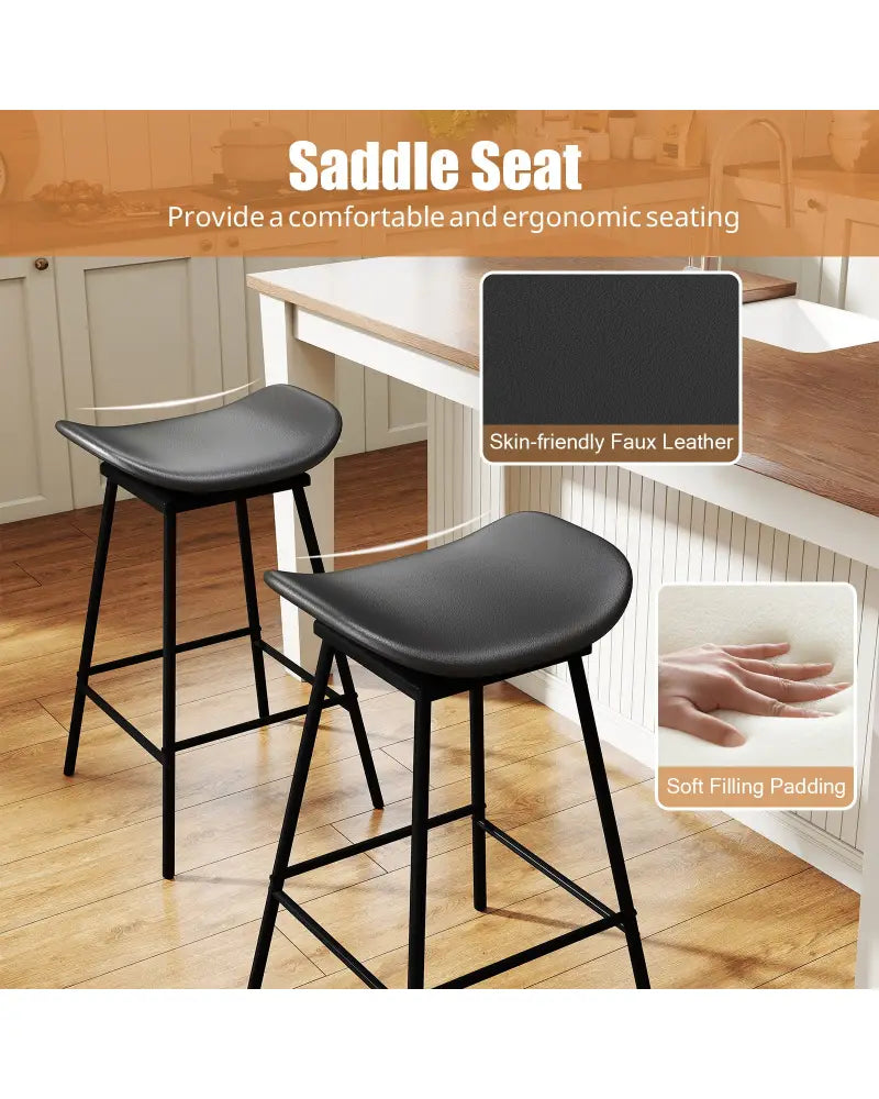 Set of 2 Swivel Barstools Faux Leather Upholstered Backless with Footrest-Black - Black - Bar Stools