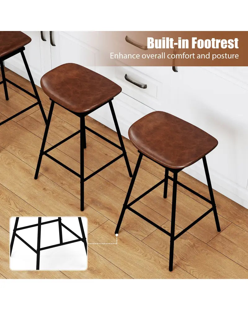 Set of 2 Swivel Barstools Faux Leather Upholstered Backless with Footrest-Brown - Brown - Bar Stools