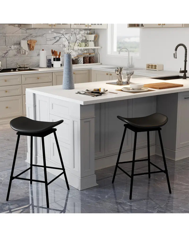 Set of 2 Swivel Barstools Faux Leather Upholstered Backless with Footrest-Black - Black - Bar Stools
