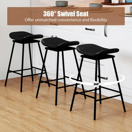 Set of 2 Swivel Barstools Faux Leather Upholstered Backless with Footrest-Black - Black - Bar Stools