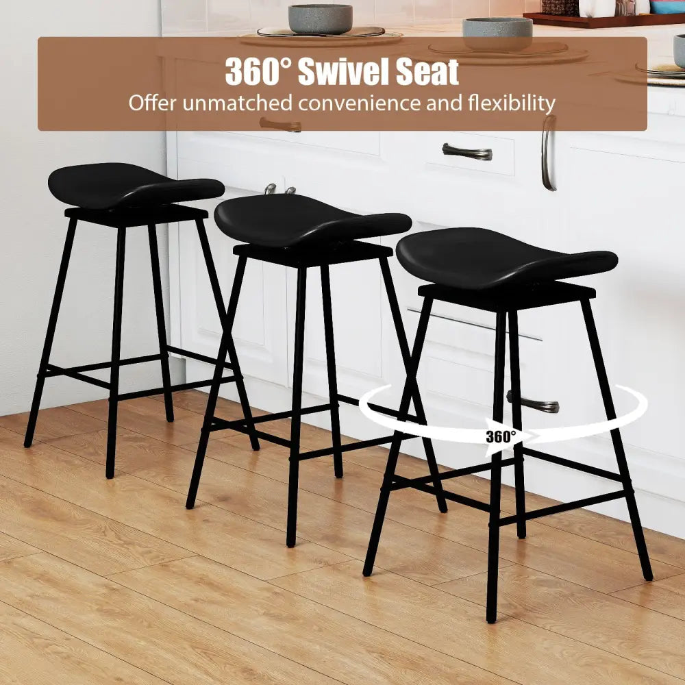 Set of 2 Swivel Barstools Faux Leather Upholstered Backless with Footrest-Black - Black - Bar Stools