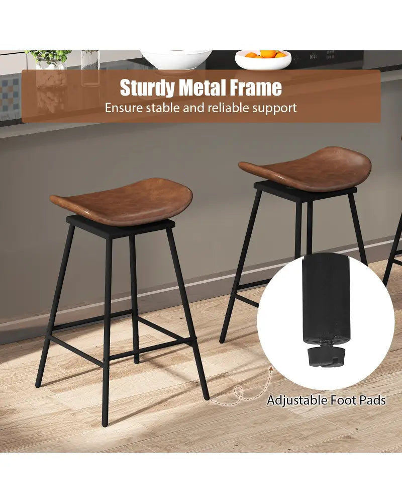 Set of 2 Swivel Barstools Faux Leather Upholstered Backless with Footrest-Brown - Brown - Bar Stools