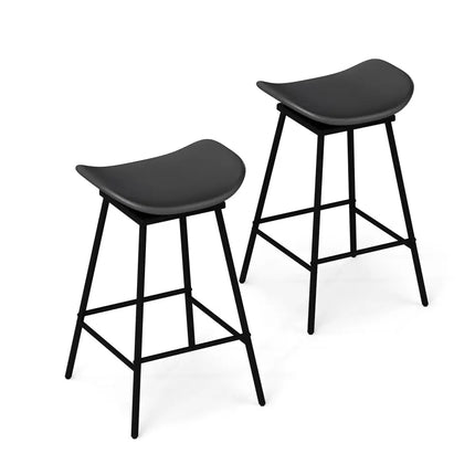 Set of 2 Swivel Barstools Faux Leather Upholstered Backless with Footrest-Black - Black - Bar Stools