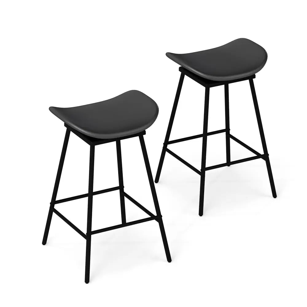 Set of 2 Swivel Barstools Faux Leather Upholstered Backless with Footrest-Black - Black - Bar Stools