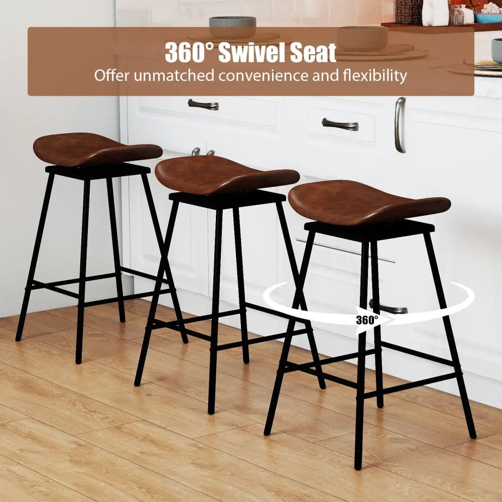 Set of 2 Swivel Barstools Faux Leather Upholstered Backless with Footrest-Brown - Brown - Bar Stools