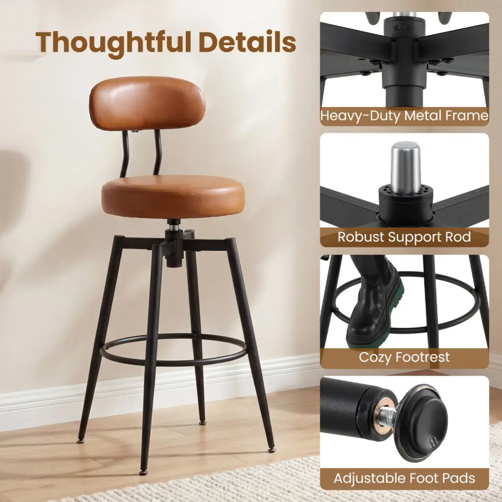 Set of 2 Swivel Barstools Faux Leather with Upholstered Seat and Back-Brown - Brown - Bar Stools