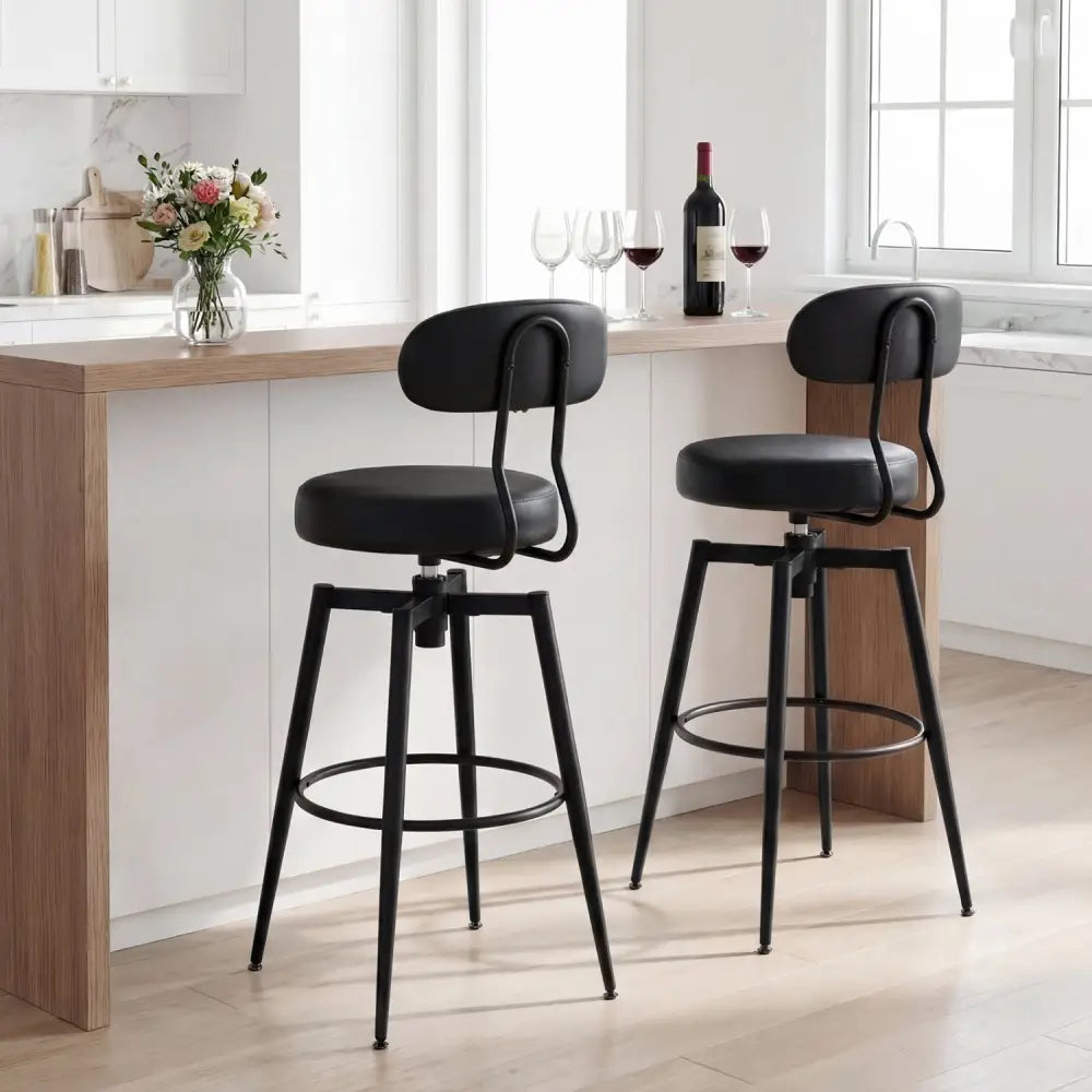 Set of 2 Swivel Barstools Faux Leather with Upholstered Seat and Back-Black - Black - Bar Stools