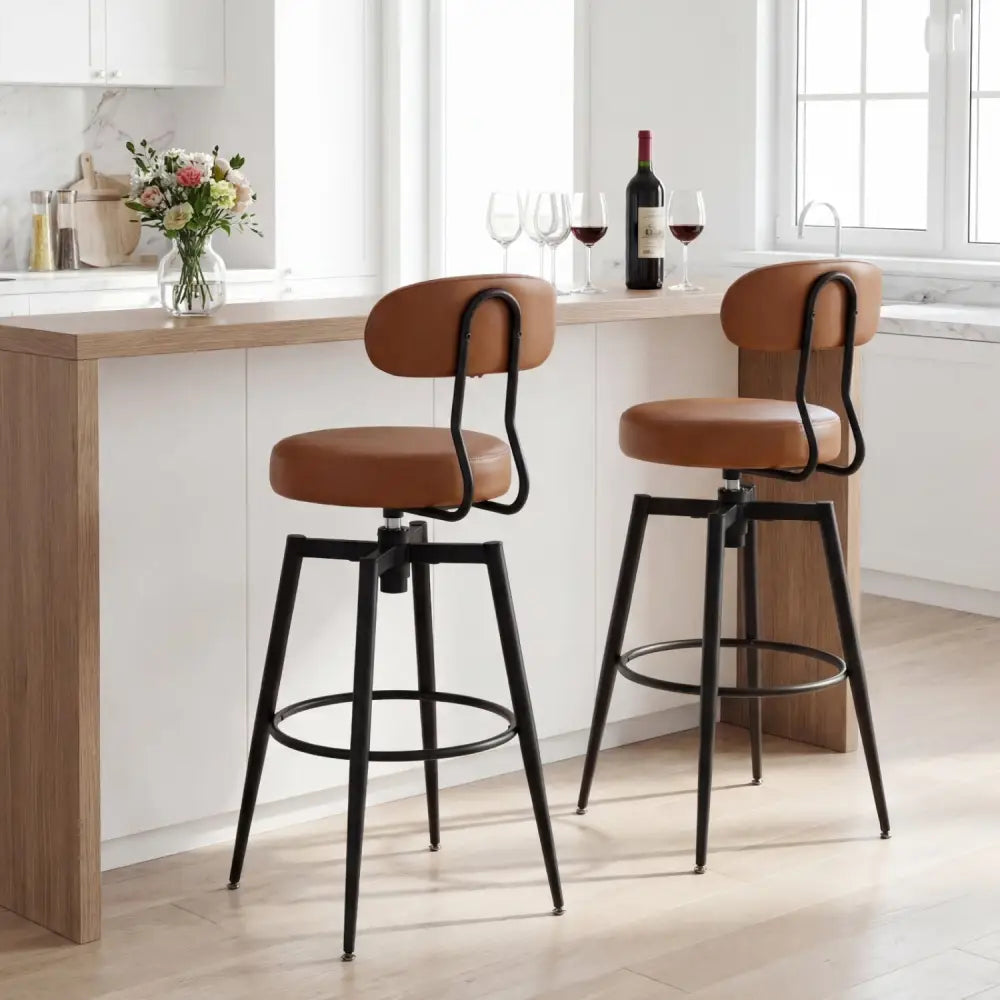 Set of 2 Swivel Barstools Faux Leather with Upholstered Seat and Back-Brown - Brown - Bar Stools