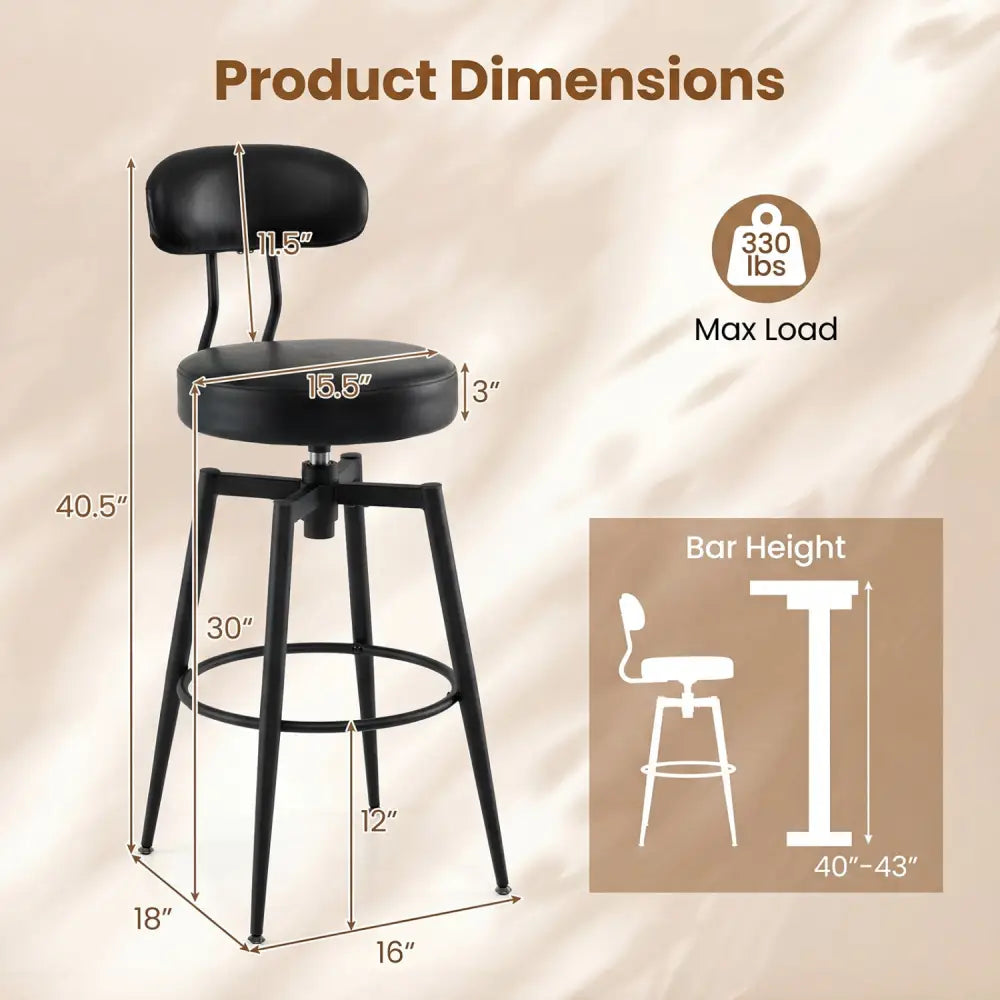 Set of 2 Swivel Barstools Faux Leather with Upholstered Seat and Back-Black - Black - Bar Stools