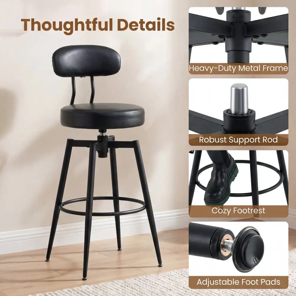 Set of 2 Swivel Barstools Faux Leather with Upholstered Seat and Back-Black - Black - Bar Stools